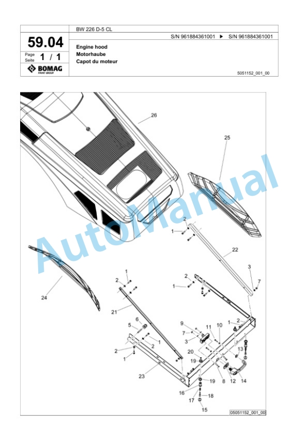 Bomag BW 226 D-5 CL Single Drum Wheel Drive Vibratory Roller Spare Parts Catalogue 00826807-2