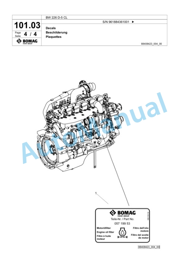 Bomag BW 226 D-5 CL Single Drum Wheel Drive Vibratory Roller Spare Parts Catalogue 00826807-5