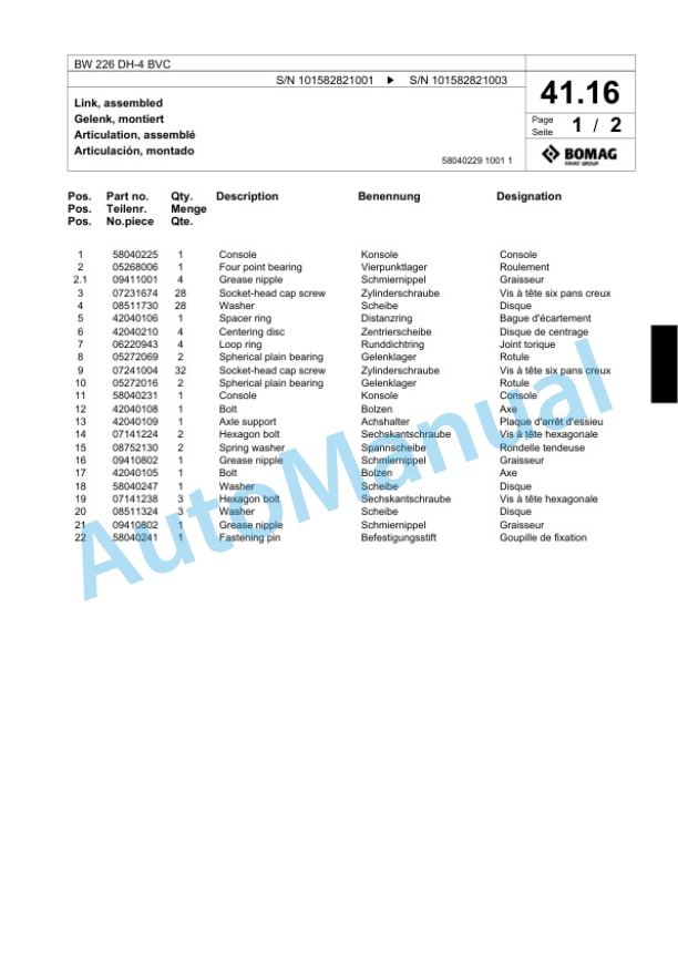 Bomag BW 226 DH-4 BVC Single Drum Wheel Drive Vibratory Roller Spare Parts Catalogue 00817813-2