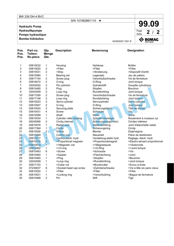 Bomag BW 226 DH-4 BVC Single Drum Wheel Drive Vibratory Roller Spare Parts Catalogue 00818049-3
