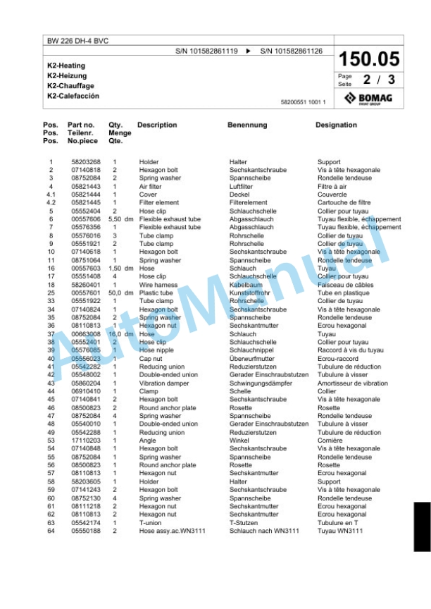 Bomag BW 226 DH-4 BVC Single Drum Wheel Drive Vibratory Roller Spare Parts Catalogue 00818049-4