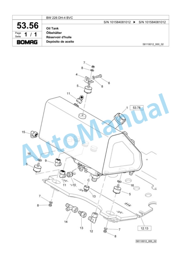 Bomag BW 226 DH-4 BVC Single Drum Wheel Drive Vibratory Roller Spare Parts Catalogue 00818865-2