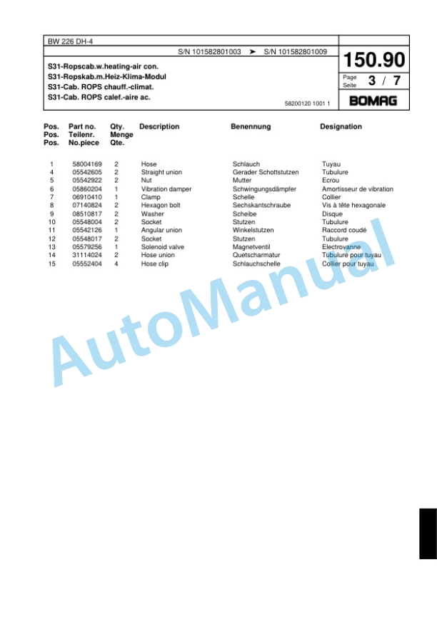 Bomag BW 226 DH-4 Single Drum Wheel Drive Vibratory Roller Spare Parts Catalogue 00817809-5