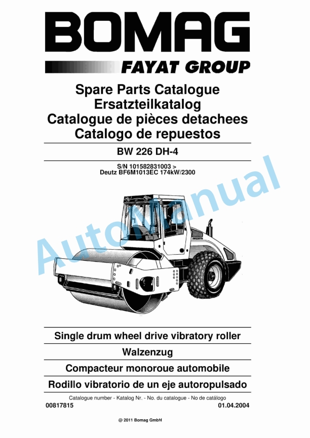 Bomag BW 226 DH-4 Single Drum Wheel Drive Vibratory Roller Spare Parts Catalogue 00817815