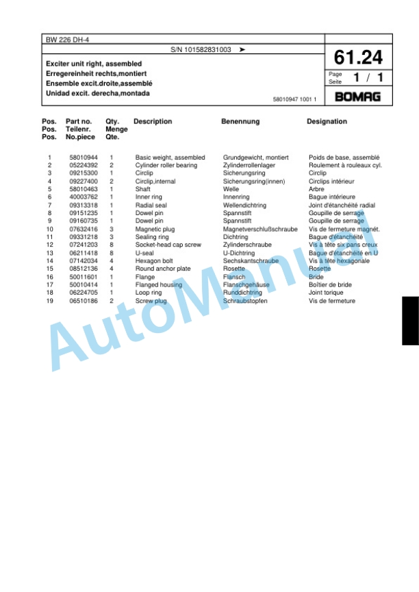 Bomag BW 226 DH-4 Single Drum Wheel Drive Vibratory Roller Spare Parts Catalogue 00817815-3