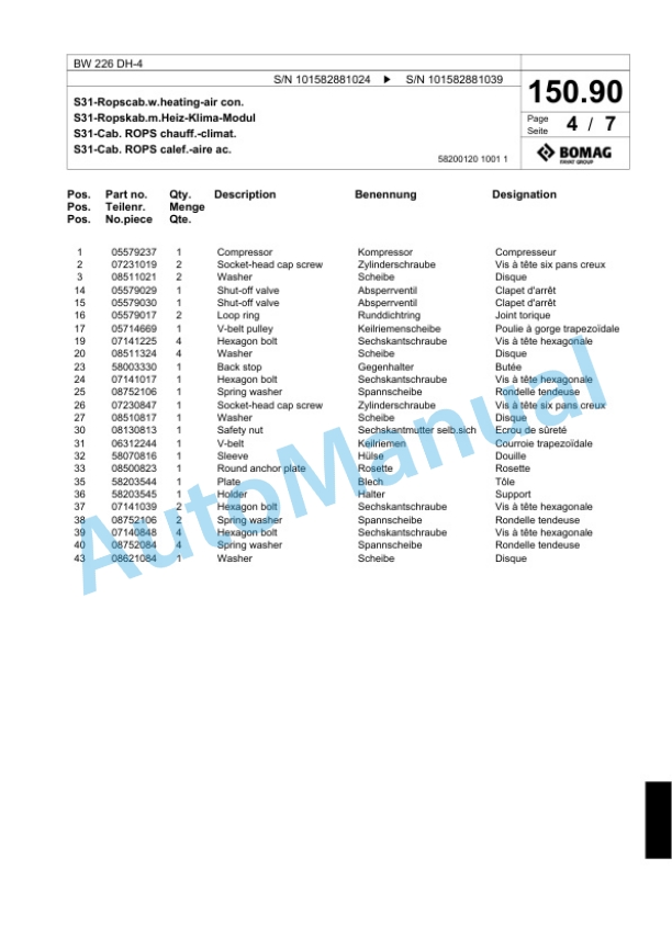 Bomag BW 226 DH-4 Single Drum Wheel Drive Vibratory Roller Spare Parts Catalogue 00818073-4