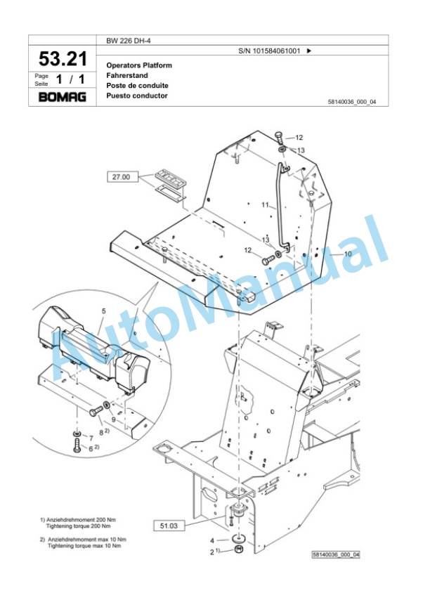 Bomag BW 226 DH-4 Single Drum Wheel Drive Vibratory Roller Spare Parts Catalogue 00818861-2