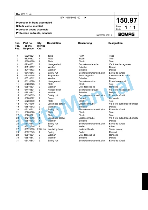Bomag BW 226 DH-4 Single Drum Wheel Drive Vibratory Roller Spare Parts Catalogue 00818861-5