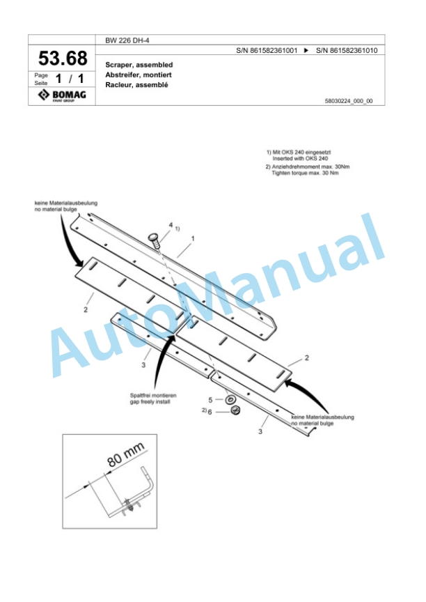 Bomag BW 226 DH-4 Single Drum Wheel Drive Vibratory Roller Spare Parts Catalogue 00825077-2