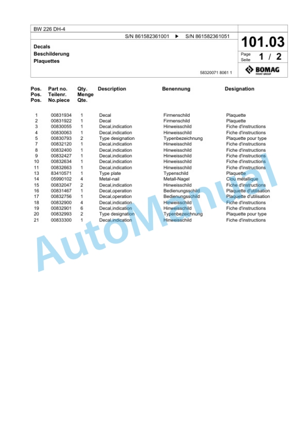 Bomag BW 226 DH-4 Single Drum Wheel Drive Vibratory Roller Spare Parts Catalogue 00825077-4