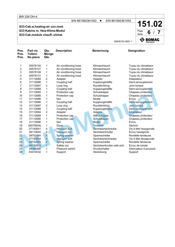 Bomag BW 226 DH-4 Single Drum Wheel Drive Vibratory Roller Spare Parts Catalogue 00825077-5