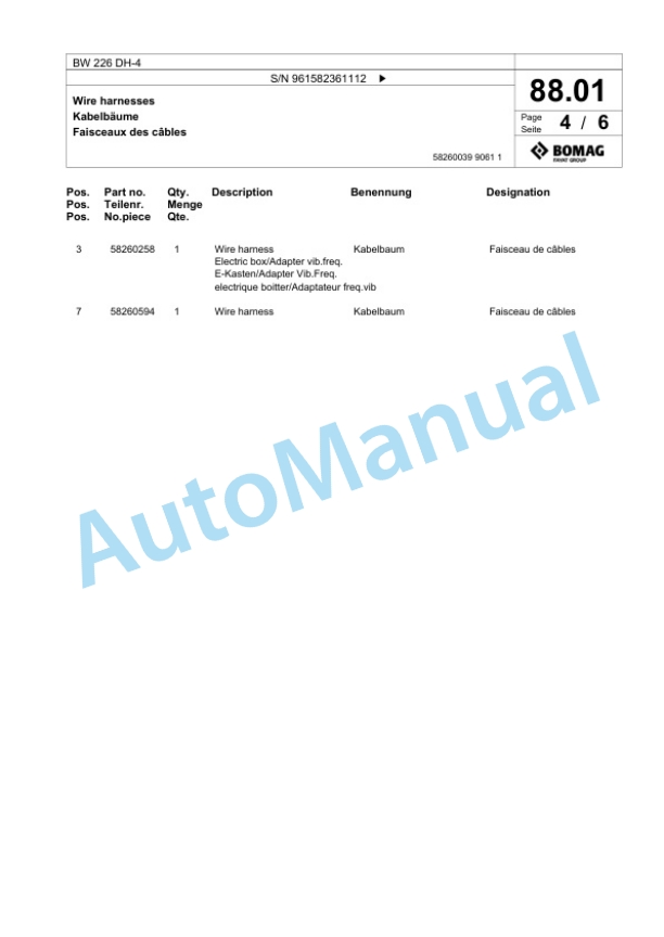 Bomag BW 226 DH-4 Single Drum Wheel Drive Vibratory Roller Spare Parts Catalogue 00826183-3