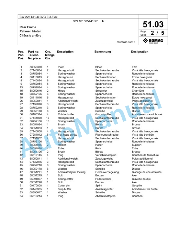 Bomag BW 226 DH-4i BVC EU-Flex Single Drum Wheel Drive Vibratory Roller Spare Parts Catalogue 00824971-2