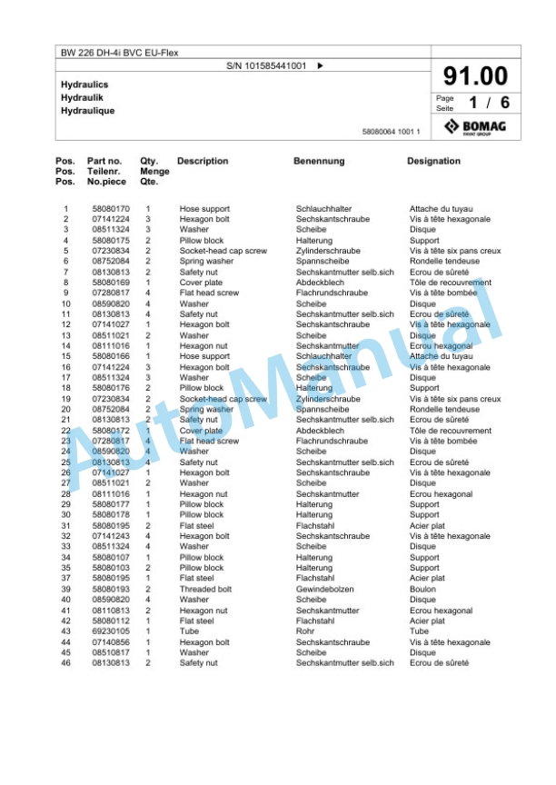 Bomag BW 226 DH-4i BVC EU-Flex Single Drum Wheel Drive Vibratory Roller Spare Parts Catalogue 00824971-3