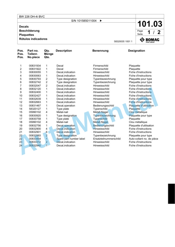 Bomag BW 226 DH-4i BVC Single Drum Wheel Drive Vibratory Roller Spare Parts Catalogue 00818051-4