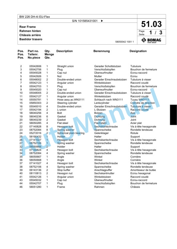 Bomag BW 226 DH-4i EU-Flex Single Drum Wheel Drive Vibratory Roller Spare Parts Catalogue 00824969-2