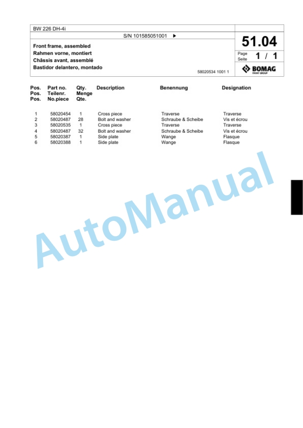 Bomag BW 226 DH-4i Single Drum Wheel Drive Vibratory Roller Spare Parts Catalogue 00824227-2