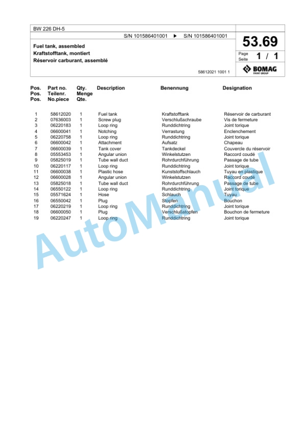 Bomag BW 226 DH-5 Single Drum Wheel Drive Vibratory Roller Spare Parts Catalogue 00824815-2