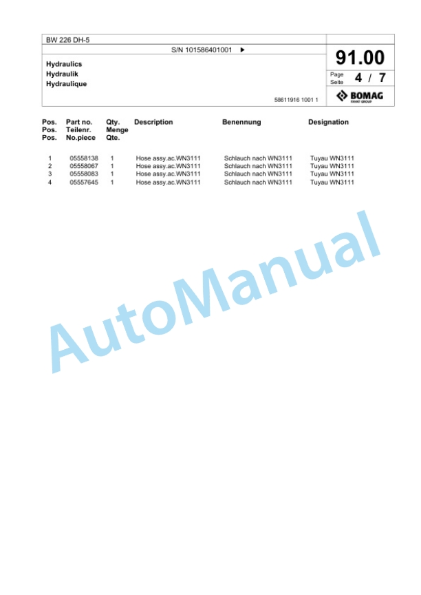 Bomag BW 226 DH-5 Single Drum Wheel Drive Vibratory Roller Spare Parts Catalogue 00824815-3