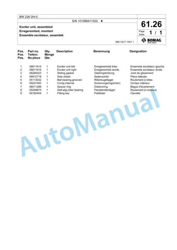 Bomag BW 226 DH-5 Single Drum Wheel Drive Vibratory Roller Spare Parts Catalogue 00824881-2