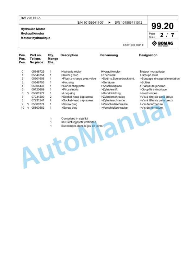 Bomag BW 226 DH-5 Single Drum Wheel Drive Vibratory Roller Spare Parts Catalogue 00824881-3