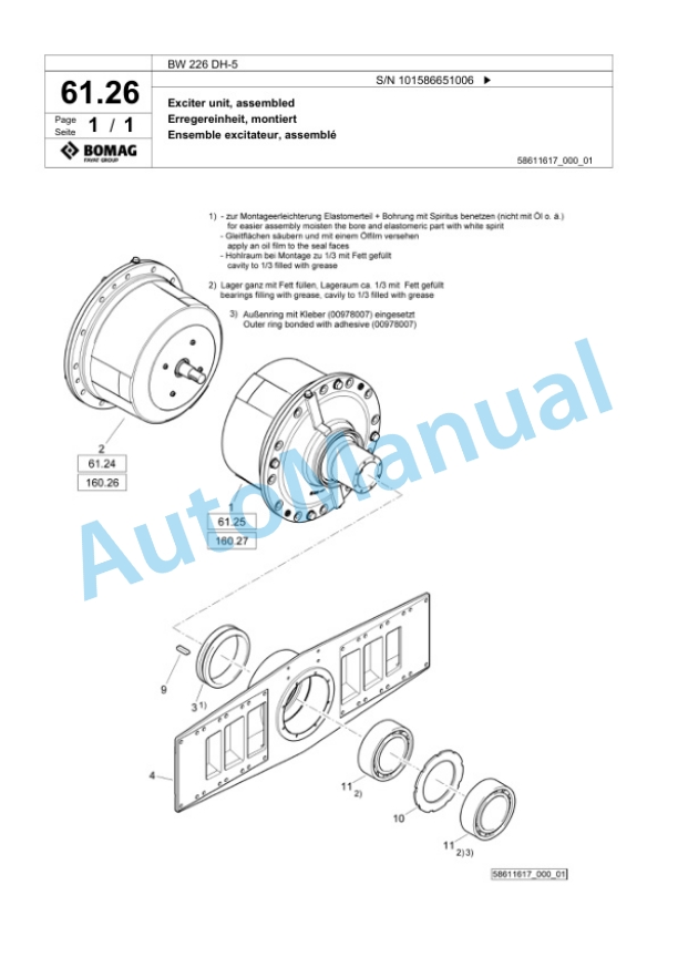 Bomag BW 226 DH-5 Single Drum Wheel Drive Vibratory Roller Spare Parts Catalogue 00825227-2