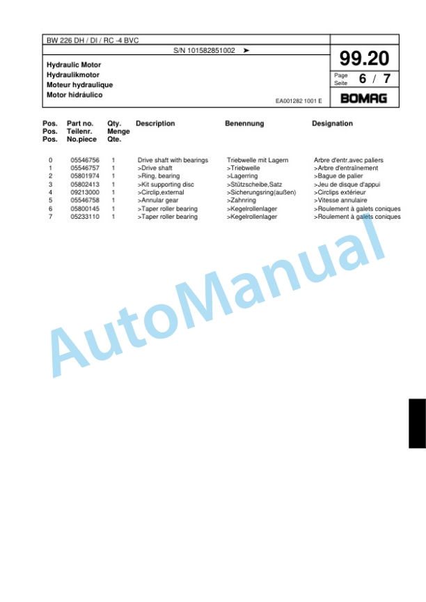 Bomag BW 226 DH-DI-RC-4 BVC Single Drum Wheel Drive Vibratory Roller Spare Parts Catalogue 00817819-4