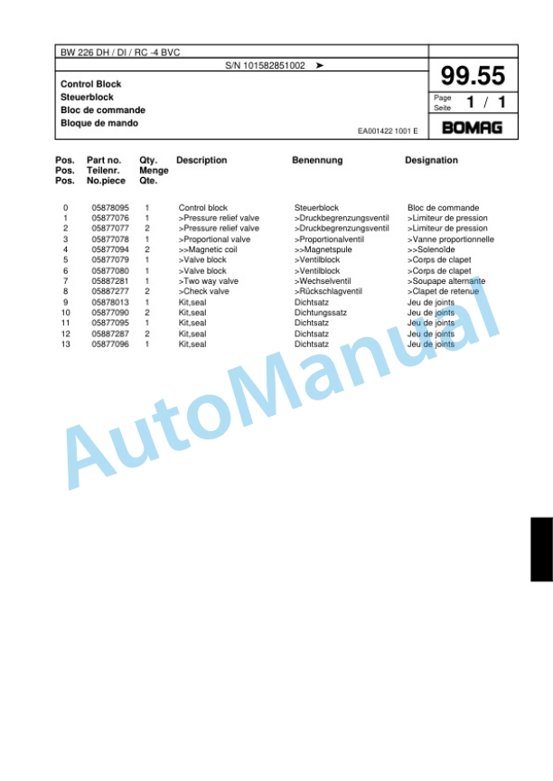 Bomag BW 226 DH-DI-RC-4 BVC Single Drum Wheel Drive Vibratory Roller Spare Parts Catalogue 00817819-5