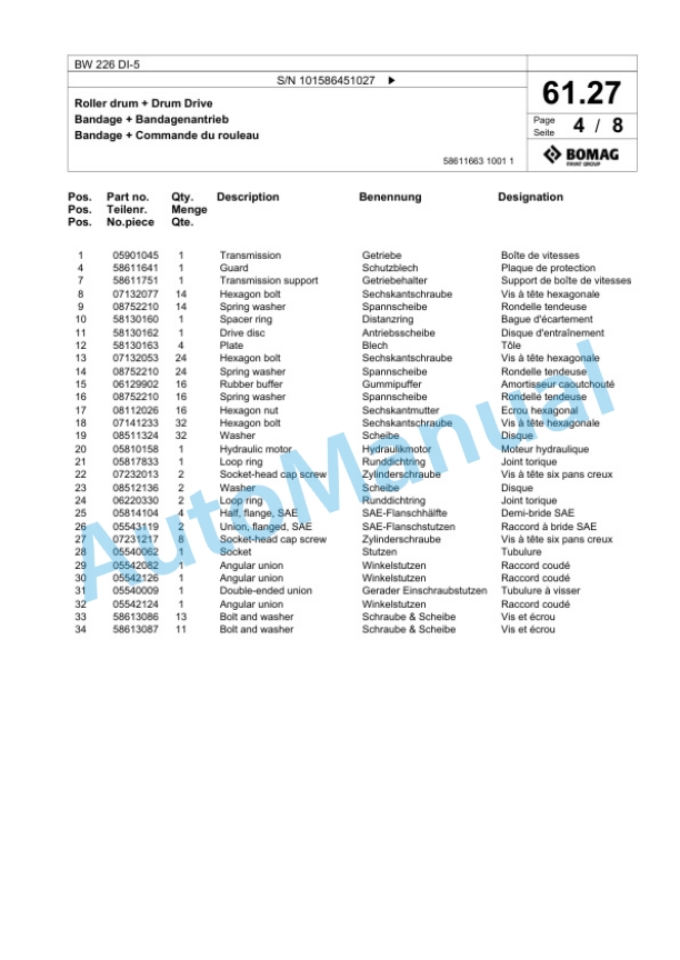 Bomag BW 226 DI-5 Single Drum Wheel Drive Vibratory Roller Spare Parts Catalogue 00824817-2