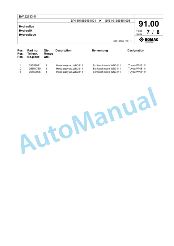 Bomag BW 226 DI-5 Single Drum Wheel Drive Vibratory Roller Spare Parts Catalogue 00824817-3