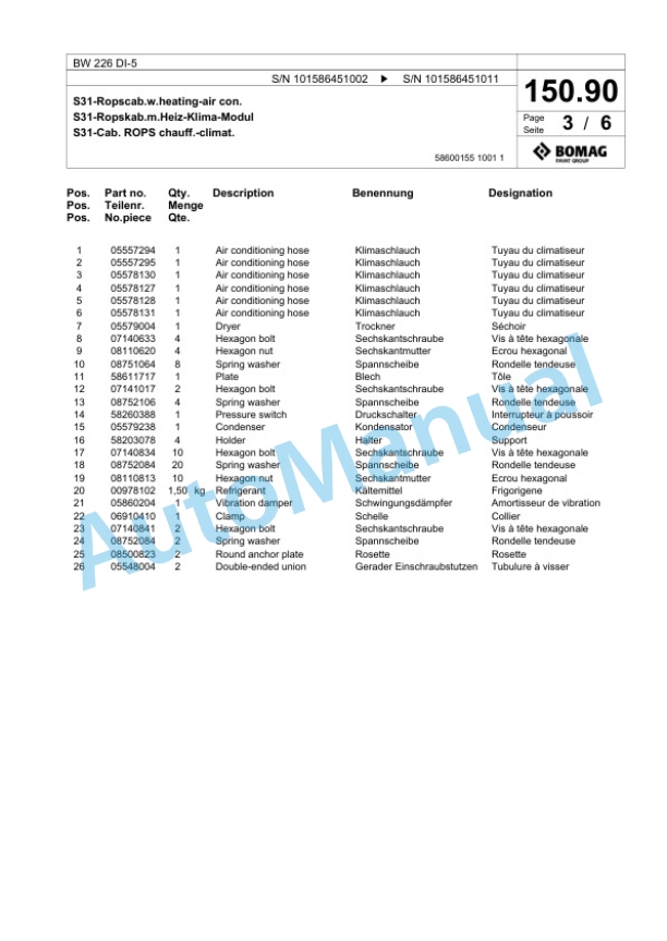 Bomag BW 226 DI-5 Single Drum Wheel Drive Vibratory Roller Spare Parts Catalogue 00824817-5