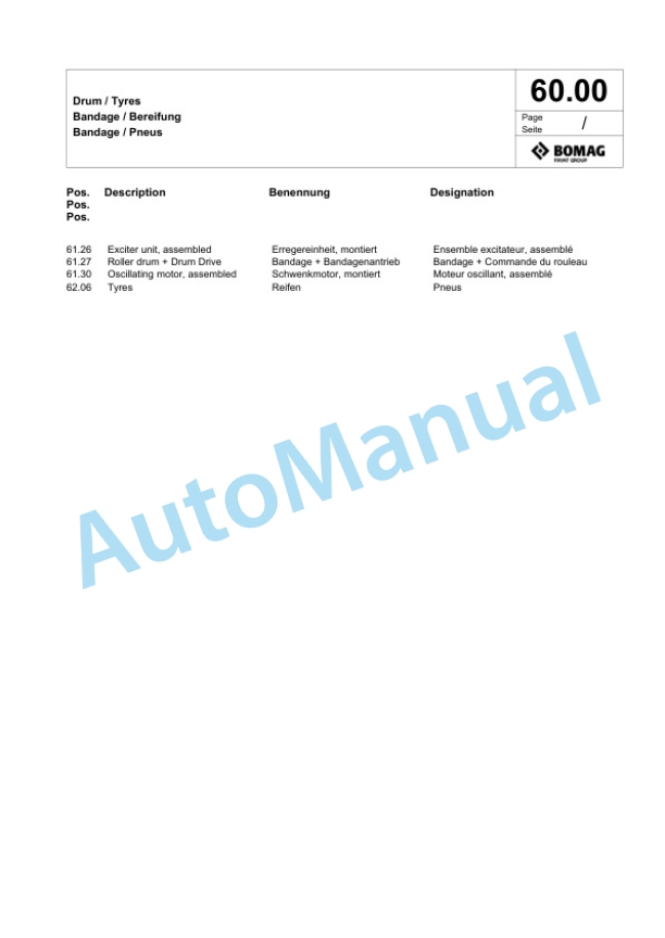 Bomag BW 226 DI-5 Single Drum Wheel Drive Vibratory Roller Spare Parts Catalogue 00824975-2