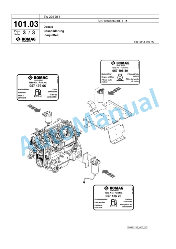 Bomag BW 226 DI-5 Single Drum Wheel Drive Vibratory Roller Spare Parts Catalogue 00824975-4