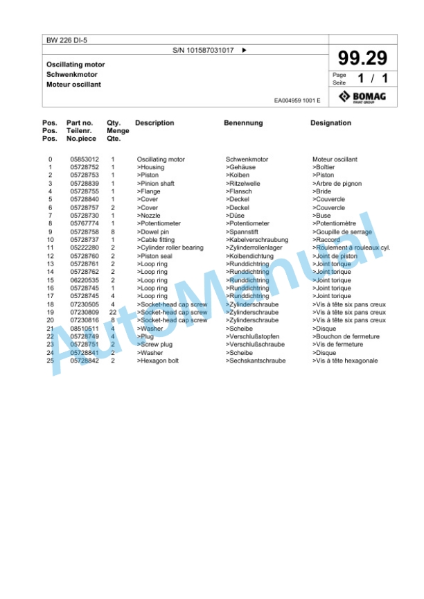 Bomag BW 226 DI-5 Single Drum Wheel Drive Vibratory Roller Spare Parts Catalogue 00825711-3