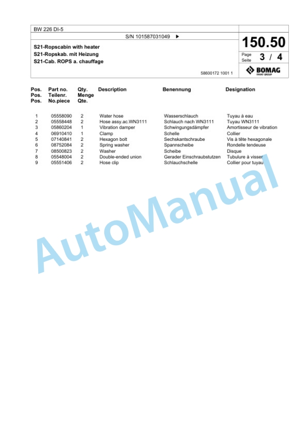 Bomag BW 226 DI-5 Single Drum Wheel Drive Vibratory Roller Spare Parts Catalogue 00825711-4