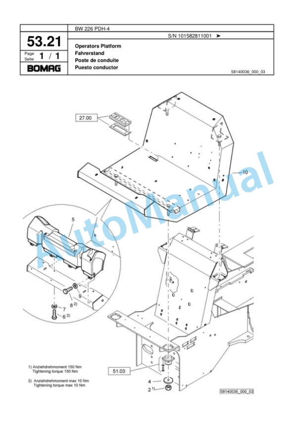Bomag BW 226 PDH-4 Single Drum Wheel Drive Vibratory Roller Spare Parts Catalogue 00817811-2