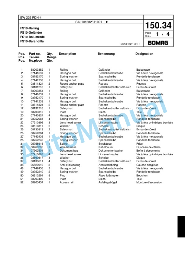 Bomag BW 226 PDH-4 Single Drum Wheel Drive Vibratory Roller Spare Parts Catalogue 00817811-5