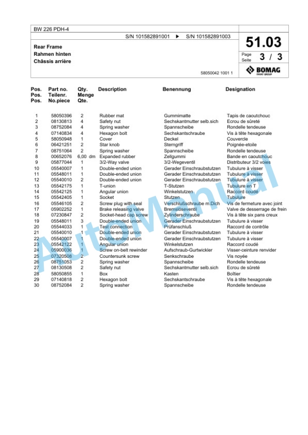 Bomag BW 226 PDH-4 Single Drum Wheel Drive Vibratory Roller Spare Parts Catalogue 00818075-2