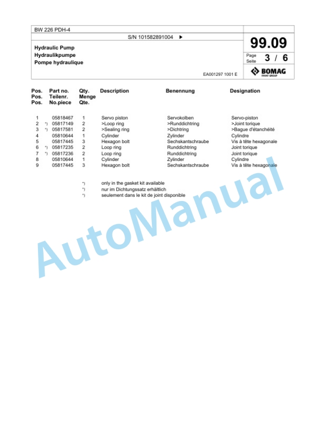 Bomag BW 226 PDH-4 Single Drum Wheel Drive Vibratory Roller Spare Parts Catalogue 00818075-3