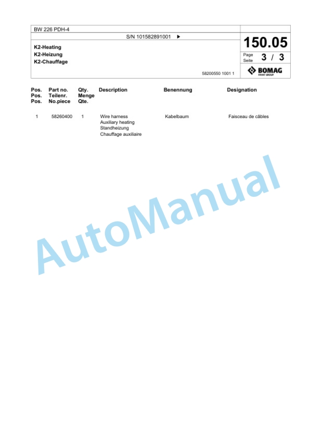 Bomag BW 226 PDH-4 Single Drum Wheel Drive Vibratory Roller Spare Parts Catalogue 00818075-4