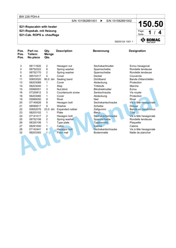 Bomag BW 226 PDH-4 Single Drum Wheel Drive Vibratory Roller Spare Parts Catalogue 00818075-5