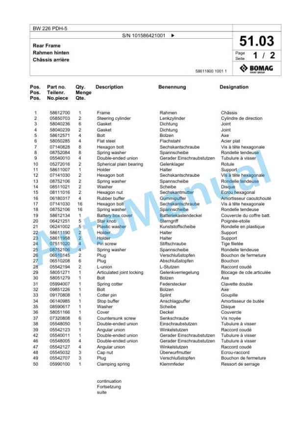 Bomag BW 226 PDH-5 Single Drum Wheel Drive Vibratory Roller Spare Parts Catalogue 00824851-2