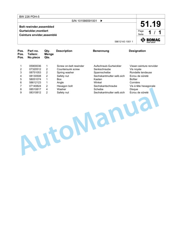 Bomag BW 226 PDH-5 Single Drum Wheel Drive Vibratory Roller Spare Parts Catalogue 00825057-2
