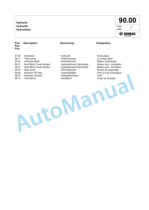 Bomag BW 226 PDH-5 Single Drum Wheel Drive Vibratory Roller Spare Parts Catalogue 00825057-3