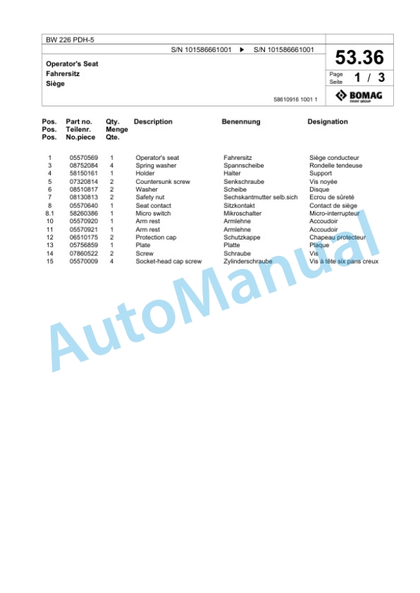 Bomag BW 226 PDH-5 Single Drum Wheel Drive Vibratory Roller Spare Parts Catalogue 00825229-2