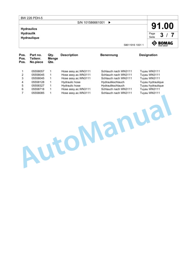 Bomag BW 226 PDH-5 Single Drum Wheel Drive Vibratory Roller Spare Parts Catalogue 00825229-3