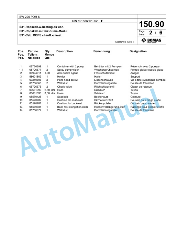 Bomag BW 226 PDH-5 Single Drum Wheel Drive Vibratory Roller Spare Parts Catalogue 00825229-5
