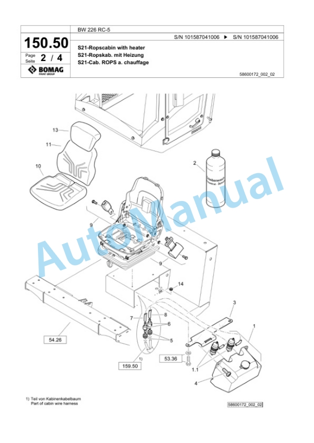 Bomag BW 226 RC-5 Single Drum Wheel Drive Vibratory Roller Spare Parts Catalogue 00825715-4