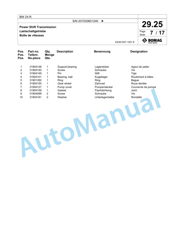 Bomag BW 24 R Pneumatic Tyred Roller Spare Parts Catalogue 00817552-2
