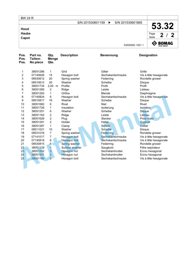 Bomag BW 24 R Pneumatic Tyred Roller Spare Parts Catalogue 00817552-3